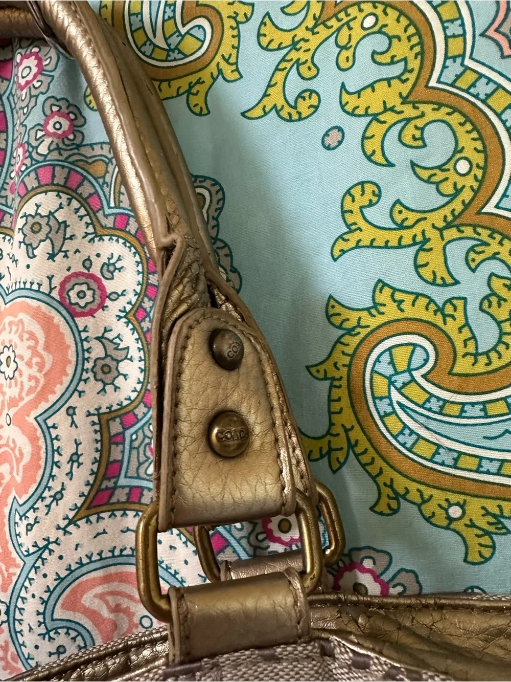 Coach Taupe Signature Tote with Metallic Gold Bow Accents